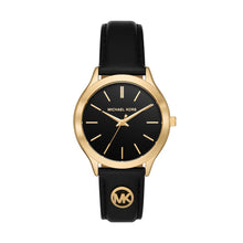 Load image into Gallery viewer, Michael Kors Slim Runway Watch for Women, 38mm Quartz Three Hand Movement with Leather Strap, Black and Gold, 38 mm MK7553, product image 1
