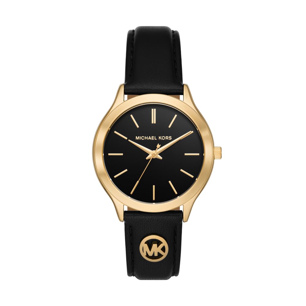 Michael Kors Slim Runway Watch for Women, 38mm Quartz Three Hand Movement with Leather Strap, Black and Gold, 38 mm MK7553, product image 1