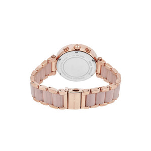 Michael Kors Parker Chronograph Quartz Watch with Rose Gold Tone Stainless Steel Strap with Blush Acetate Center Links for Women MK5896