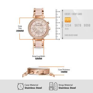 Michael Kors Parker Chronograph Quartz Watch with Rose Gold Tone Stainless Steel Strap with Blush Acetate Center Links for Women MK5896