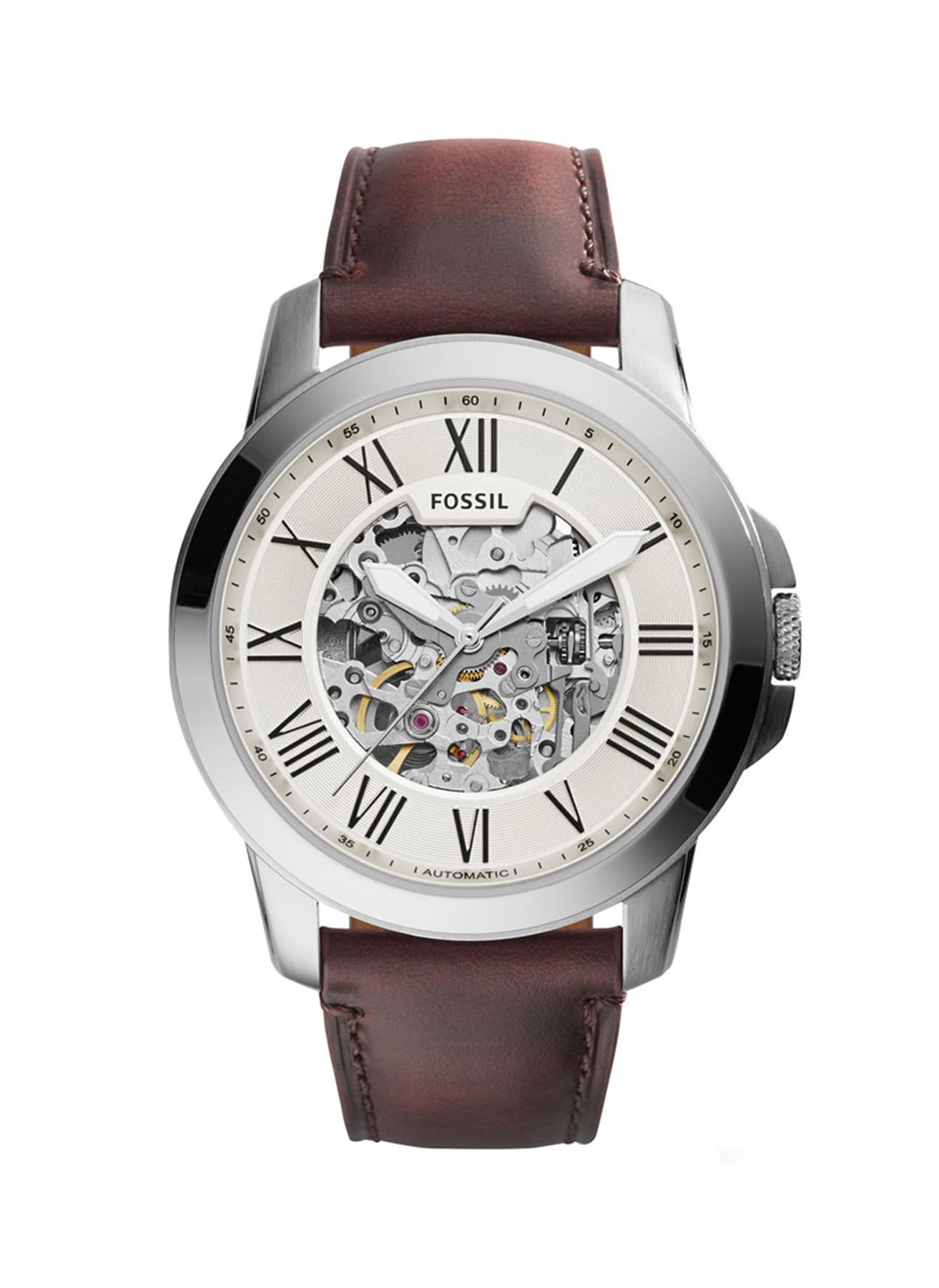 Fossil Grant Men's Automatic Watch with Off-White Dial and Brown Leather Strap ME3099, product image 1