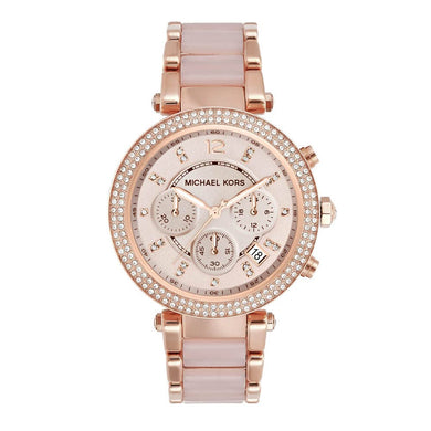 Michael Kors Parker Chronograph Quartz Watch with Rose Gold Tone Stainless Steel Strap with Blush Acetate Center Links for Women MK5896