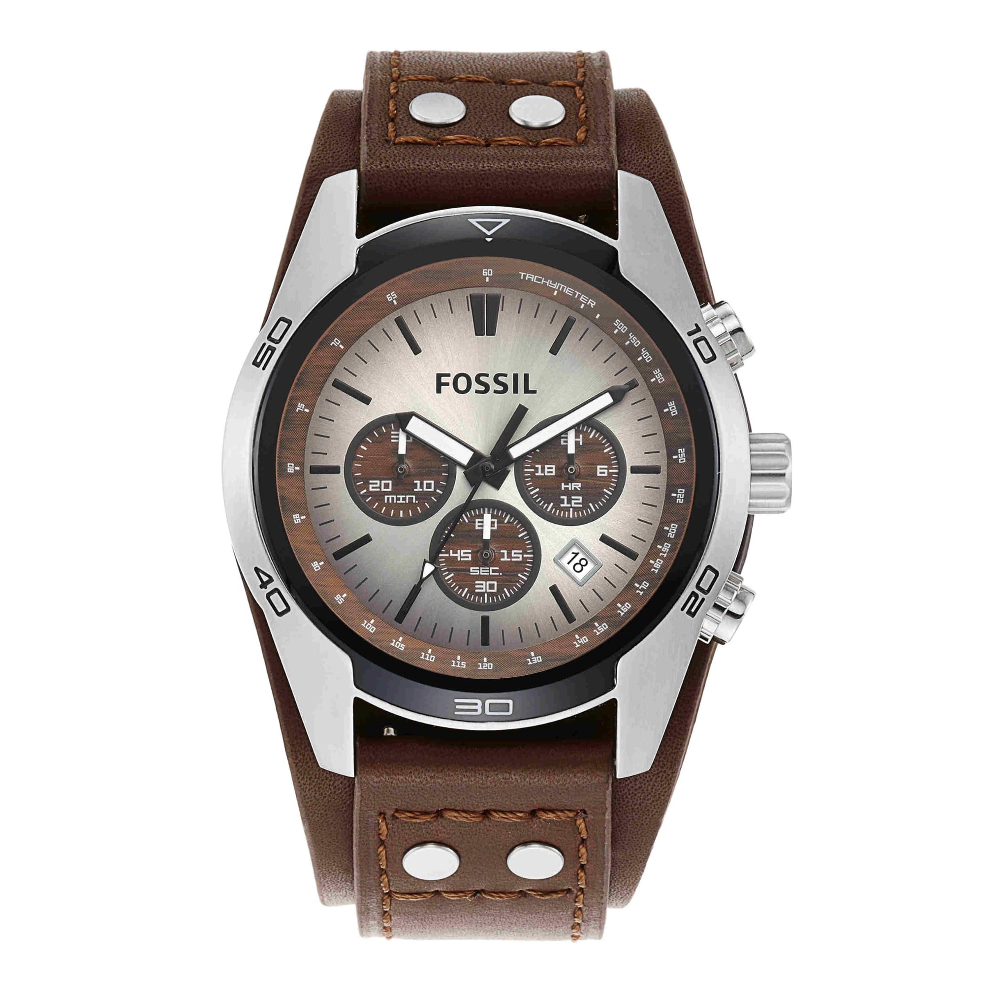 FOSSIL CH2565 Gents Brown Leather Cuff Strap Watch with White Dial, product image 1