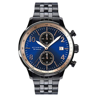 Accurist Mens 44mm Sports Japanese Quartz Watch in Midnight Blue with Chronograph Date Display, and Black Ion-Plated Stainless Steel Bracelet 7379. ambersleys