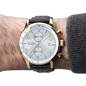 Accurist Mens 44mm Sports Japanese Quartz Watch in Silver Sunray with Chronograph Date Display, and Black Luxury Padded Leather Strap 7376. ambersleys