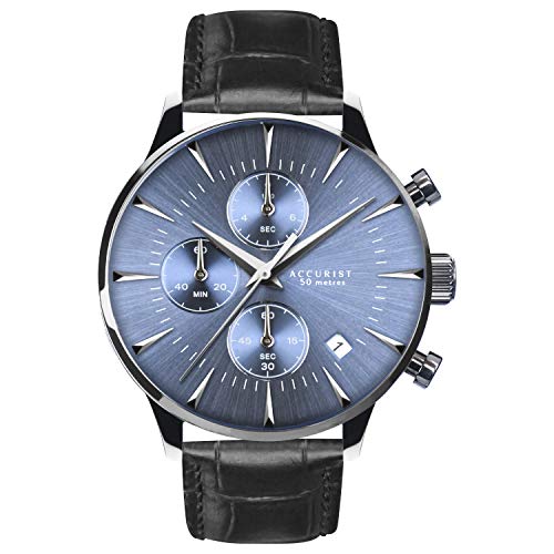 Accurist Mens 42mm Retro Japanese Quartz Watch in Blue Sunray with Chronograph Date Display, and Black Luxury Croco Grain Leather Strap 7375. ambersleys